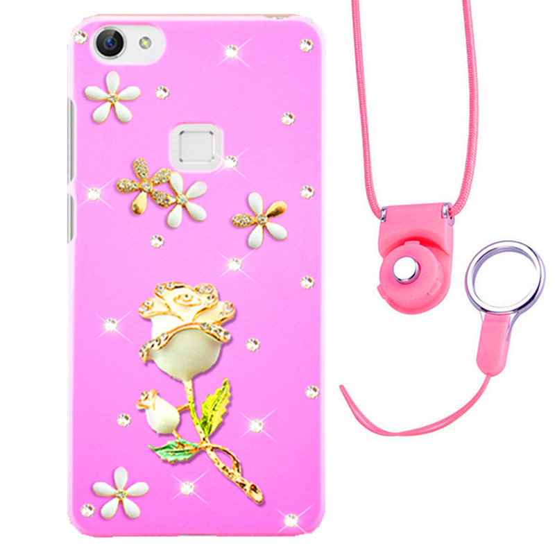 摩洛 爱心彩壳珍珠水钻手机壳保护套带挂绳 适用于VIVO X6/X6D/X6SA/5.2屏 粉壳四叶草白玫瑰+粉挂绳