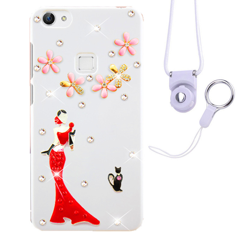 摩洛 爱心彩壳珍珠水钻手机壳保护套带挂绳 适用于VIVO X6/X6D/X6SA/5.2屏 白壳红裙女郎+白挂绳