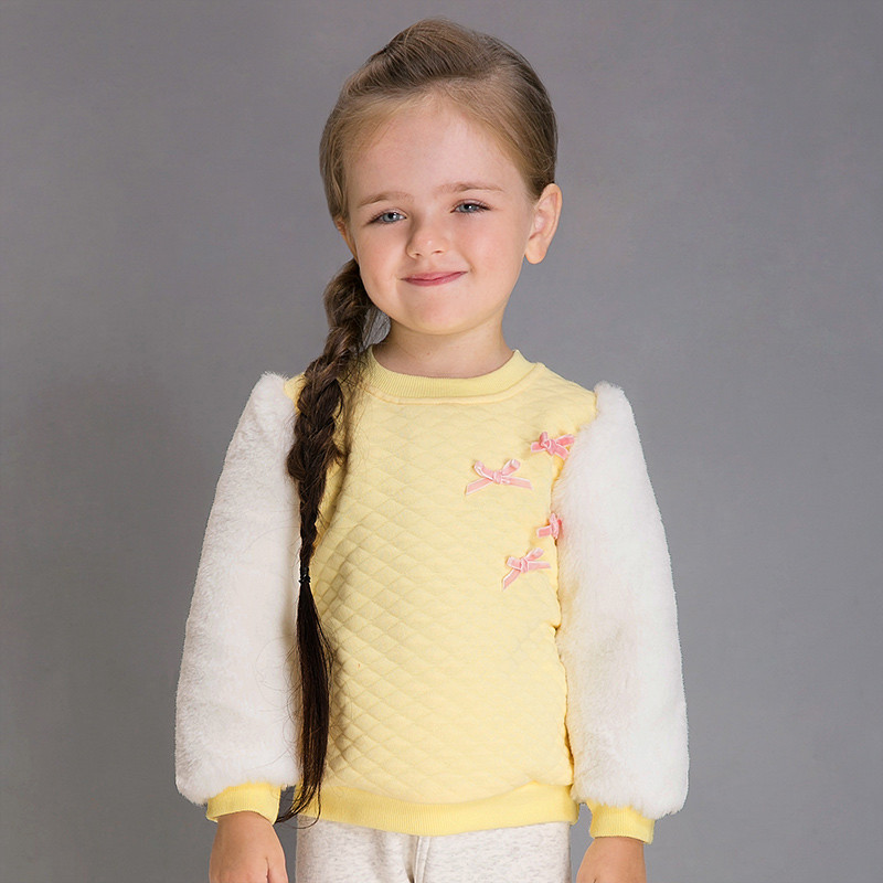 婴姿坊正品童装女童圆领长袖T恤宝宝毛毛袖打底衫秋冬款新品上衣 90cm 黄色