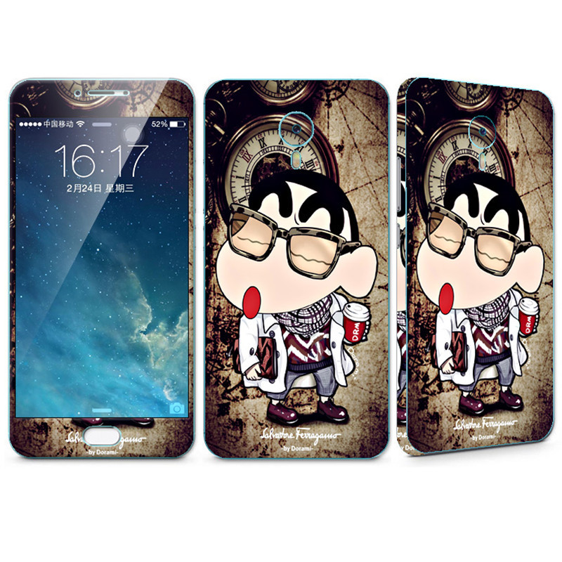 法威仕 前全屏手机钢化玻璃卡通彩膜后保护膜彩膜贴纸 适用于魅族魅蓝note3 眼镜小新+支架