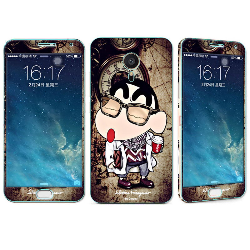 法威仕 前全屏手机钢化玻璃卡通彩膜后保护膜彩膜贴纸 适用于魅族MX5/M575/5.5屏 眼镜小新+支架