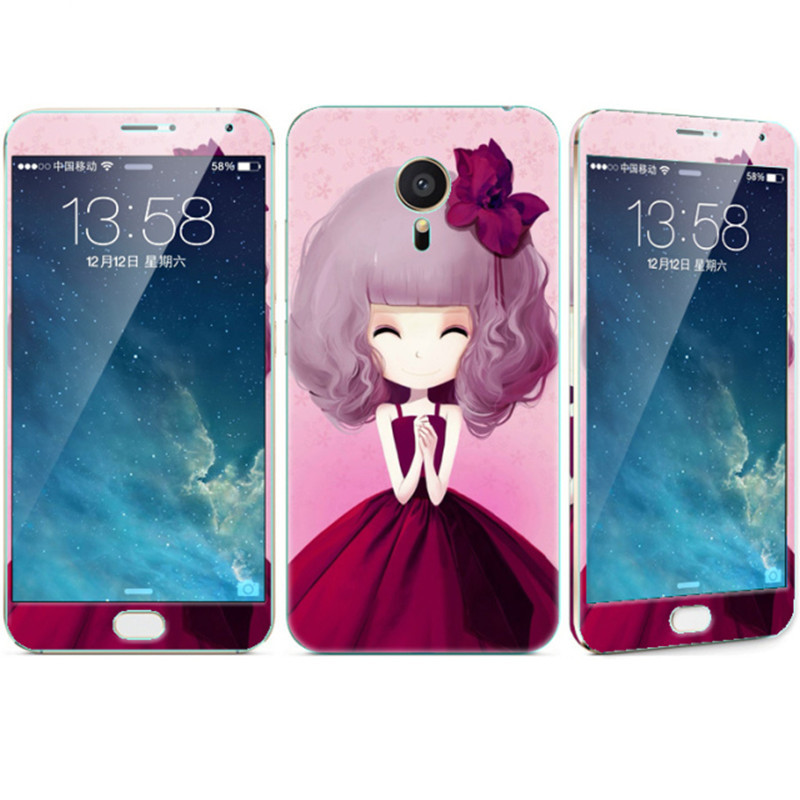 法威仕 前全屏手机钢化玻璃卡通彩膜后保护膜彩膜贴纸 适用于魅族MX5/M575/5.5屏 紫裙女孩+支架