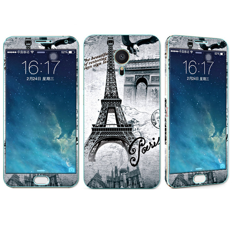 法威仕 前全屏手机钢化玻璃卡通彩膜后保护膜彩膜贴纸 适用于魅族MX5/M575/5.5屏 炫酷铁塔+支架