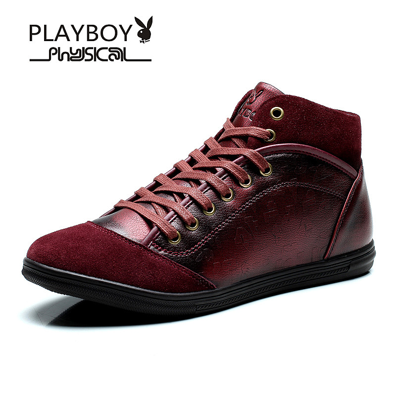 PLAYBOY/花花公子 男鞋秋冬季高帮休闲皮鞋男士加绒棉鞋子 枣红【加绒】 43码