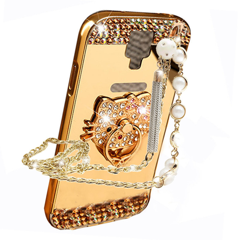 JSB 镜面水钻支架金属边框后背板珍珠链手机壳保护套 适用于金立M5/5.5屏 土豪金-KT猫-后盖镶钻+珍珠挂链