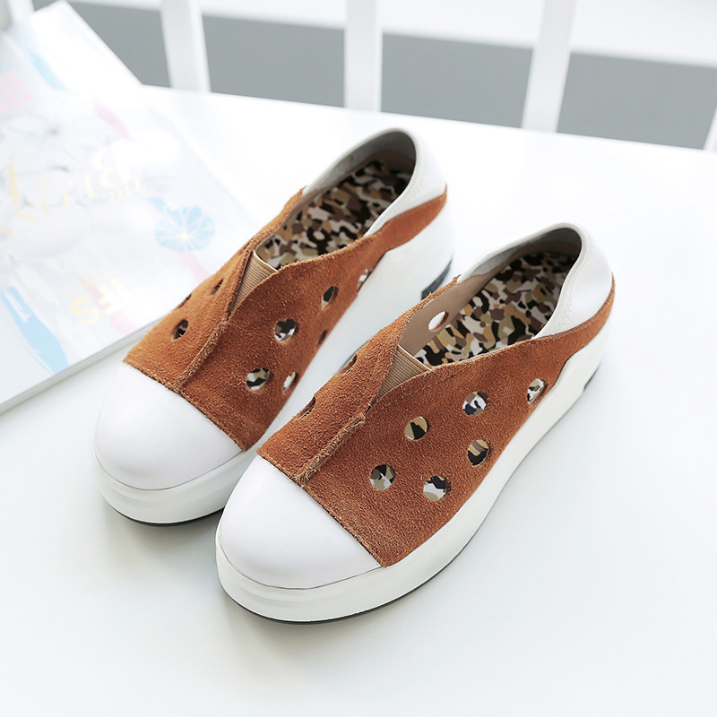 2017年春夏欧美网红同款新款里外真皮中跟女鞋休闲鞋 棕色 35码