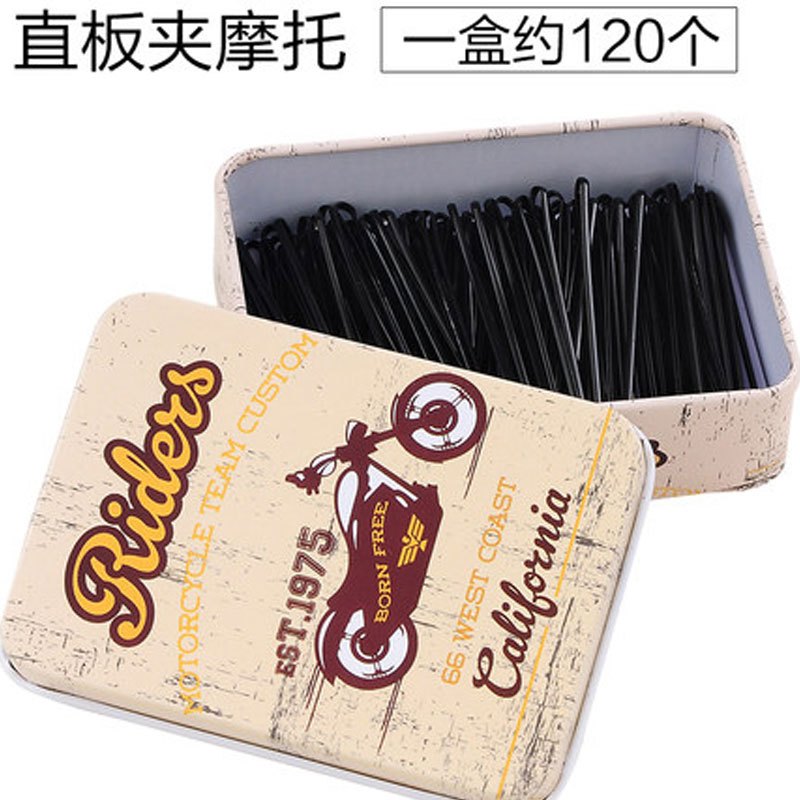 (120个盒装)可爱卡通铁皮装黑色一字发夹边夹刘海夹影楼用小夹子发卡2017春季新款成人儿童用直板发夹婴童头饰 直板夹摩托