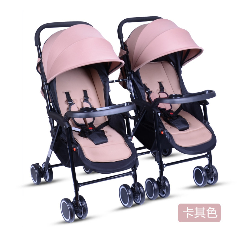 Welebao唯乐宝双胞胎婴儿车 四轮婴儿推车童车婴儿双人手推车可折叠可平躺可换向 卡其色