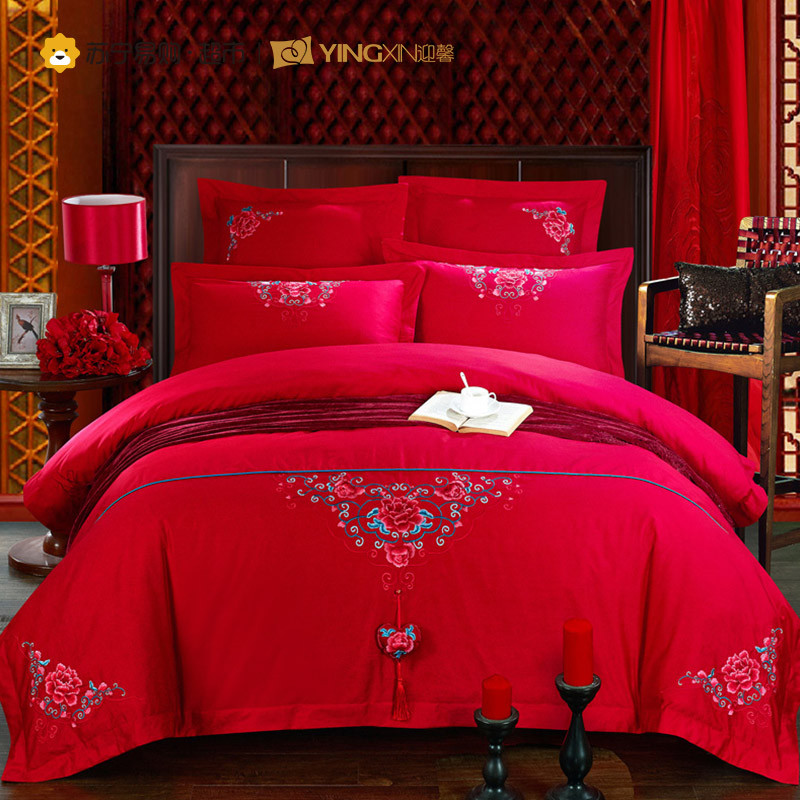 迎馨(YINGXIN) 大红色婚庆全棉贡缎绣花六件套床品套装被套200x230cm 1.8m床适用 名门世家 名门世家 1.8m床适用