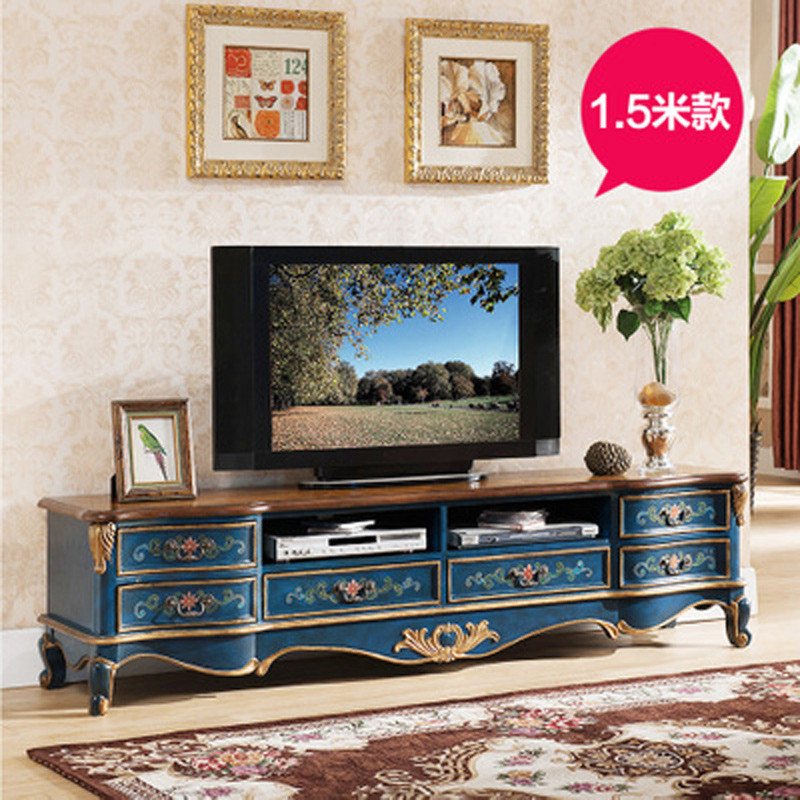 淮木（HUAIMU） 经典彩绘矮柜裂纹漆独特复古电影墙地柜 美式乡村客厅电视柜后现代 1.5米深蓝裂纹色