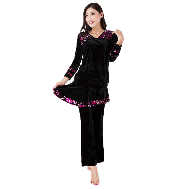 嘟嘟美倍尔 运动户外广场舞蹈服装金丝绒套装女加厚冬装长袖裙裤子 XXXL 7701黑玫+8318黑玫红