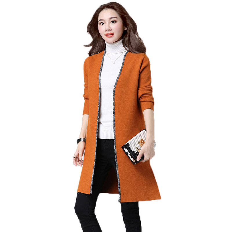 嘟嘟美倍尔 运动户外 秋冬纯色V领韩版针中长款织开衫女修身时尚休闲毛衣外套 XXXL 咖啡色