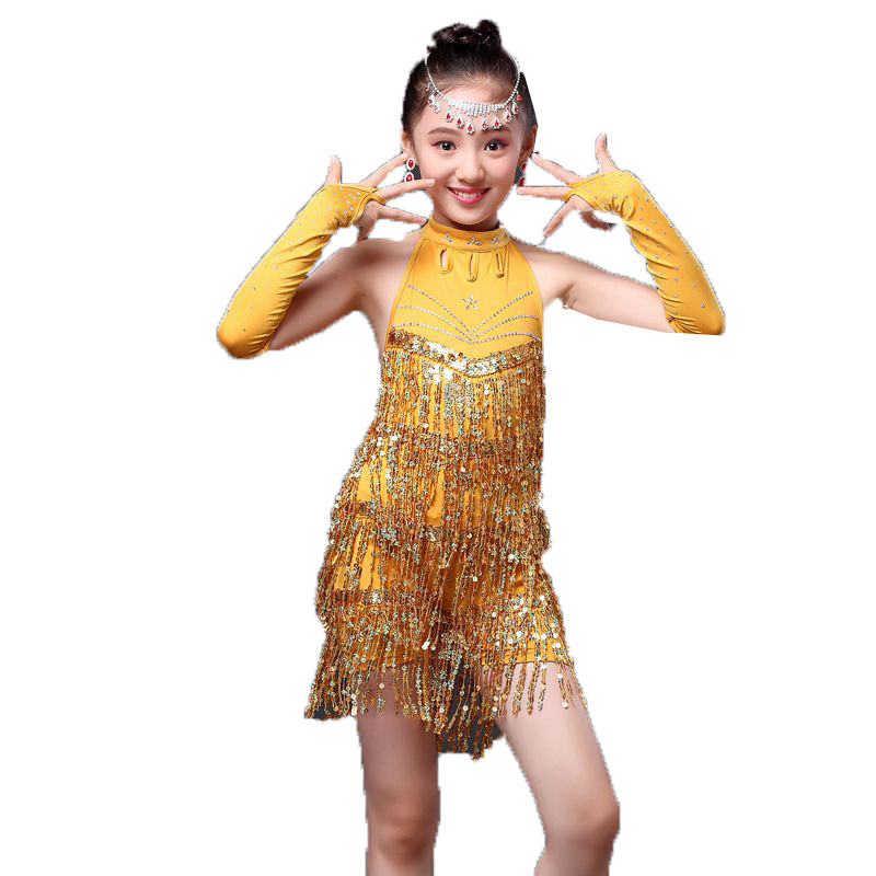 嘟嘟美倍尔 运动户外儿童拉丁舞服 少儿舞蹈女亮片流苏演出服装比赛女童表演舞裙 XL 金色
