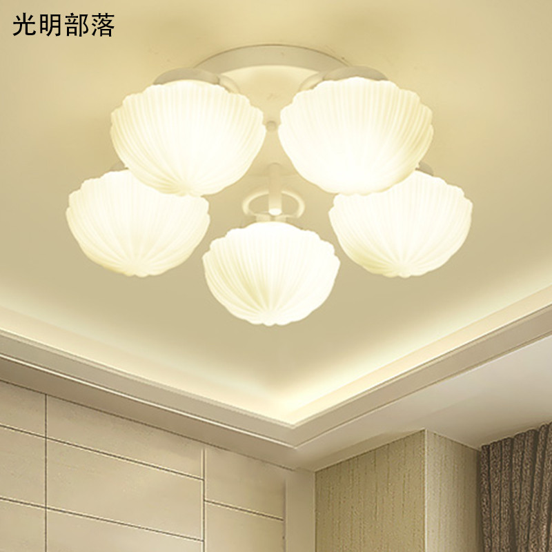 GMBL光明部落北欧玻璃田园LED吸顶灯简约现代客厅灯美式卧室餐厅灯具温馨圆形书房儿童灯饰 贝壳款5头送三色灯泡