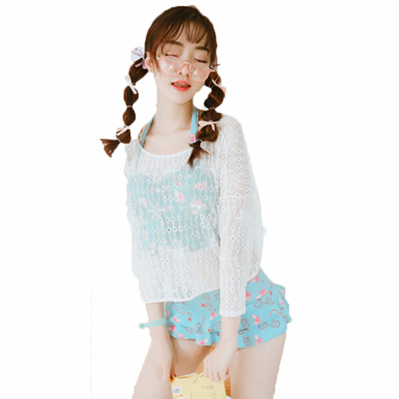 嘟嘟美倍尔 时尚小清新印花大小胸聚拢高腰修身荷叶边分体三件套 蓝色