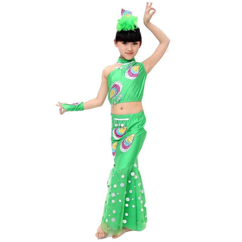 嘟嘟美倍尔 儿童傣族舞蹈裙 少儿孔雀舞演出服 女童民族葫芦丝表演服 户外运动瑜伽舞蹈服演出服表演 绿色
