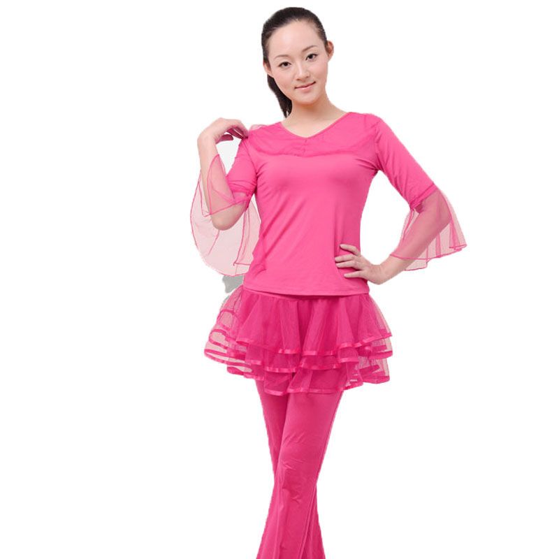 嘟嘟美倍尔 舞蹈广场舞服装 成人拉丁舞服装演出舞台网纱裙裤套装户外运动瑜伽舞蹈 玫瑰红色