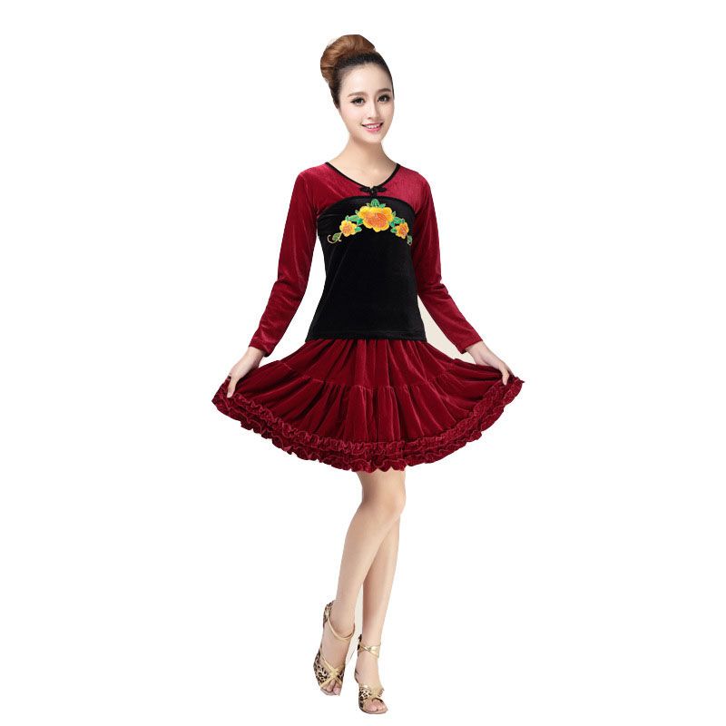 嘟嘟美倍尔 冬季 广场舞蹈服装套装成人大码表演出服广场舞衣服户外运动瑜伽舞蹈 酒红色裤裙