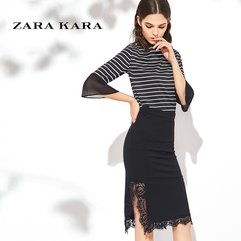 ZARA KARA条纹七分袖T恤蕾丝开叉半身裙套装2017春欧洲站时尚气质两件套 L 黑色