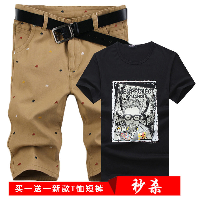 【惠】买裤送衣服201夏装新款男士短裤+莱卡T恤一套D67-3131491057681077 L+30 卡其裤+黑衣