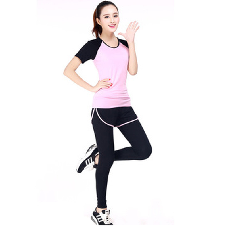 嘟嘟美倍尔 夏季款运动户外紧身短袖假两件健身瑜伽服套装瑜伽舞蹈 粉红色