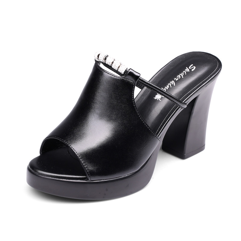 蜘蛛王女鞋正品2017夏季新款真皮一字型拖鞋休闲高粗跟女凉鞋透气 黑色 34