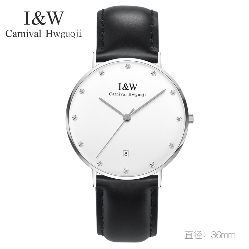 正品嘉年华IW石英表 女表休闲时尚手表纤薄女士手表镶钻刻度防水表手表皮革女大表盘专柜同款I&W 8757G-3钻皮带 银白黑皮