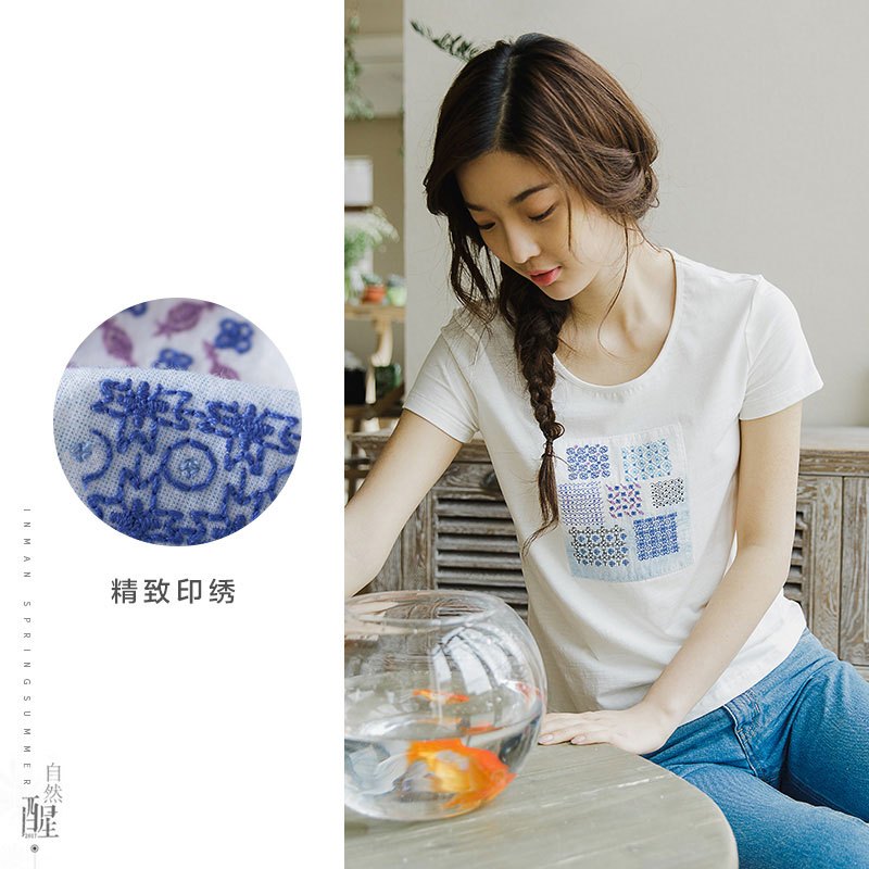 茵曼夏装文艺印花棉质圆领T恤女短袖宽松上衣1872022101 M 象牙白