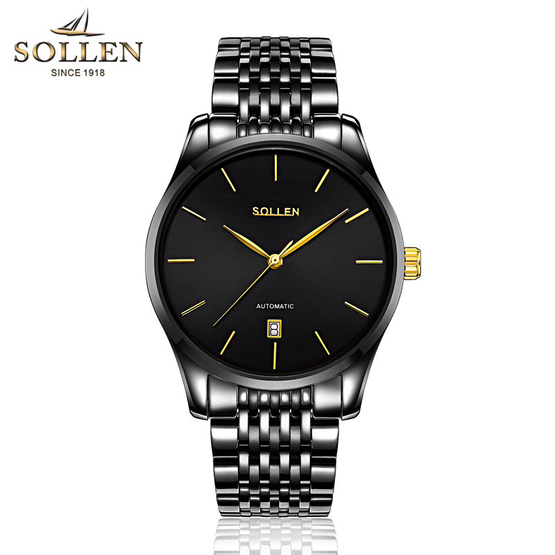 梭伦SOLLEN正品牌手表男士自动机械表钢带男表超薄商务时尚休闲品质皮带SL-9008 全黑色