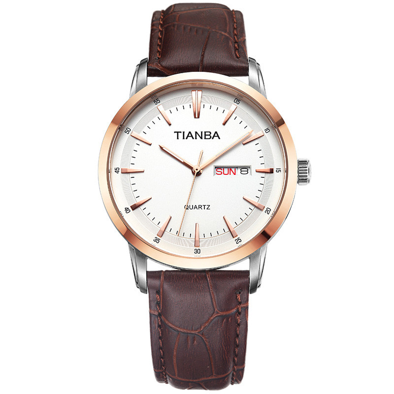 天霸(TIANBA)手表 商务休闲皮带款双历男士手表 时尚情侣手表 石英表 男TM7019.02PC 白色