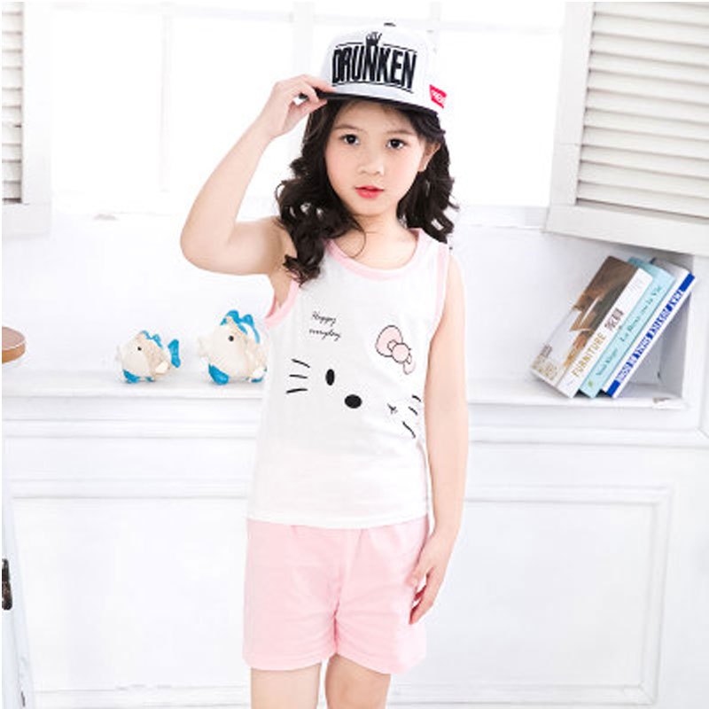 2017新品夏季可爱卡通儿童背心套装男童女童无袖背心小孩宝宝运动中大童短裤套装夏简约休闲夏天背心 90cm(55码身高90cm以内 白色猫咪