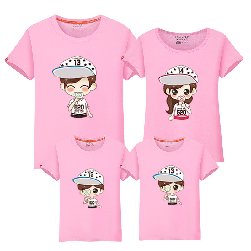 夏季2018新款卡通家庭装 时尚短袖T恤亲子装 一家三口亲子装LD10058 水粉色 妈妈L/165（适合身高165-170cm)
