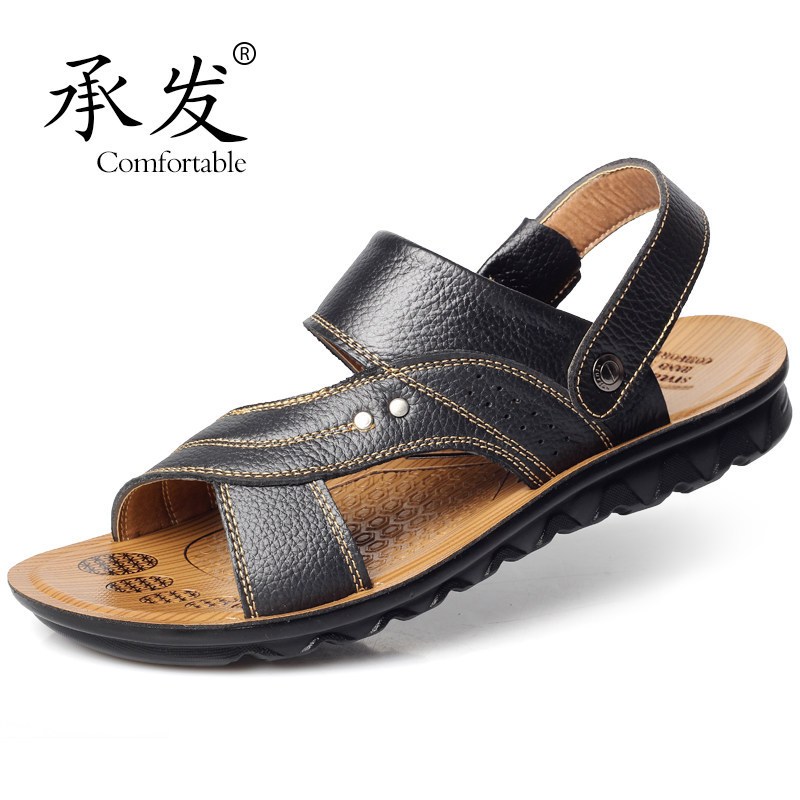 新款夏季凉鞋男真皮防滑沙滩鞋透气休闲鞋牛皮潮鞋男鞋子 8807黑色 38码