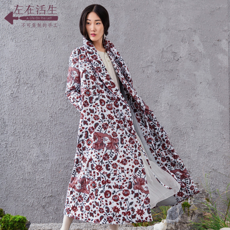 生活在左秋冬新款 定制印花长款羽绒服 女大衣外套 酒红色 XL