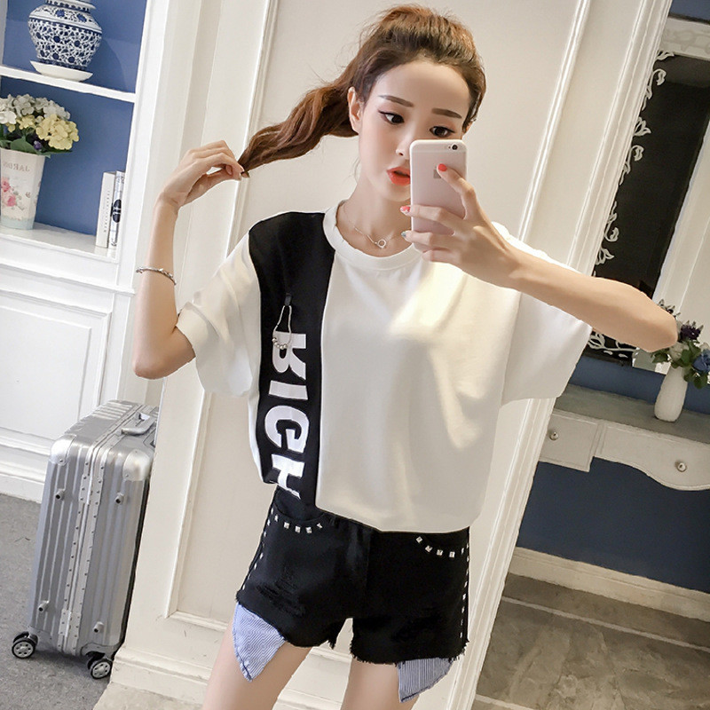 字母t恤 破洞毛边钉钻牛仔短裤两件套套装1497972461001 s 白衣 黑裤