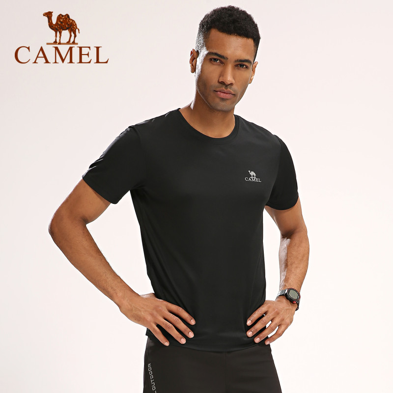 CAMEL骆驼户外 夏季新款情侣休闲圆领健身运动速干短袖T恤 A7S2U7211，黑色，男款 L
