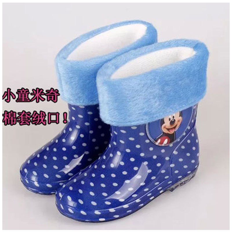 2017新品夏季儿童雨鞋卡通水晶防滑加绒两用雨靴小童大童幼儿园胶鞋男女童水鞋简约小清新多款多色可选 米奇低筒绒套绒口 低筒24码内长15CM