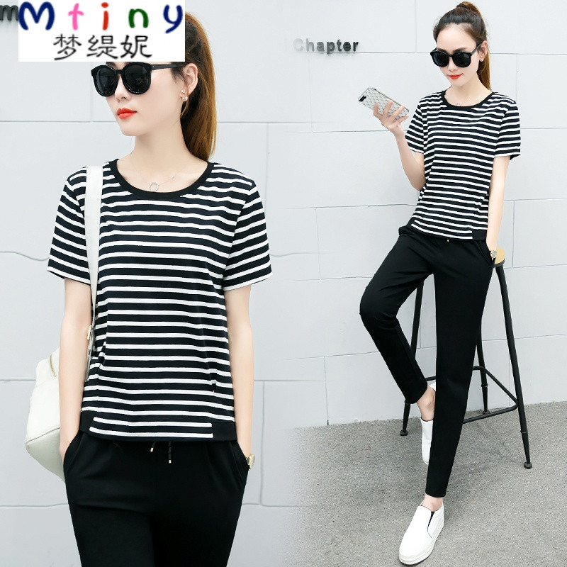 Mtiny休闲运动套装女夏款韩版时尚运动服女夏季短袖长裤运动两件套 S 黑条纹【330款】