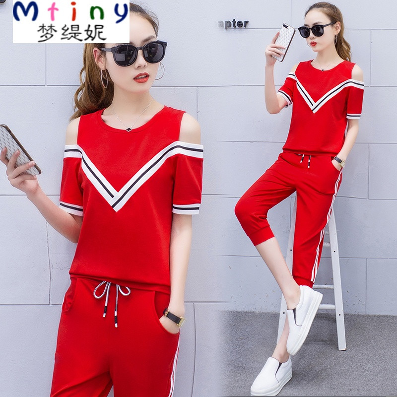 Mtiny运动套装女夏两件套新款韩版大码女装跑步运动服休闲套装女夏 M建议80-100斤内 红色303#两件套
