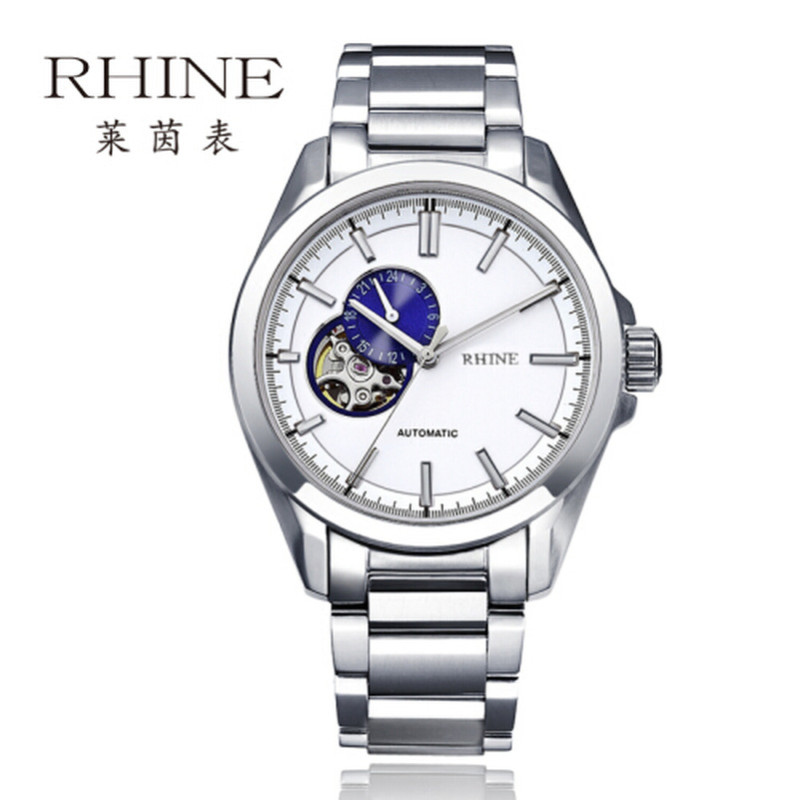 莱茵(RHINE)镂空机械表手表商务男表精钢表带皮带蓝宝石防水机械腕表 R89232M