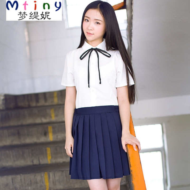 Mtiny日系学生夏季日韩班服校服套装JK制服百褶裙学院风短袖衬衫水手服 M 长袖雪纺上衣+黑裙子