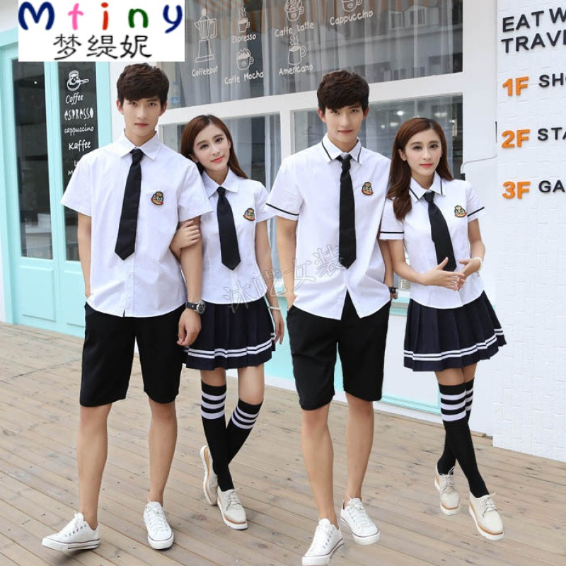 Mtiny毕业照服装学生装高中毕业季班服学院风高三大学生校服套装白衬衫 L 女衬衣短袖黑边