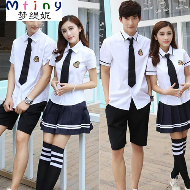 Mtiny毕业照服装学生装高中毕业季班服学院风高三大学生校服套装白衬衫 XL 女短袖黑边白衬衫裙子