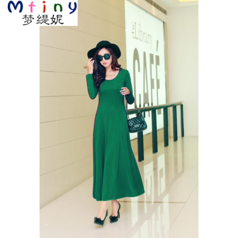 Mtiny【天天特价】夏季大码女装圆领背心裙韩版时尚修身连衣裙大摆长裙 L 绿色长袖