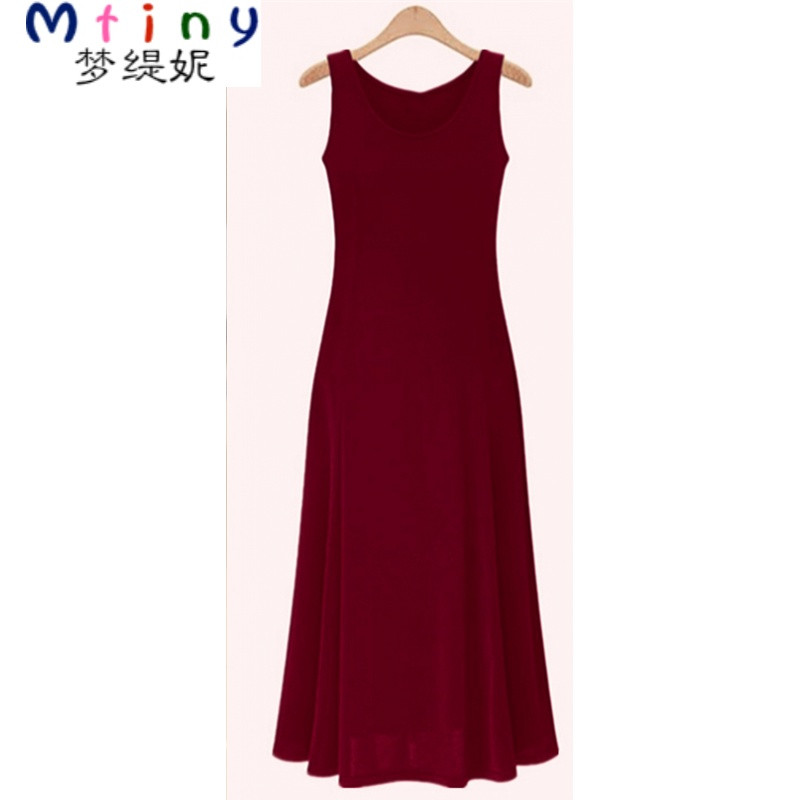 Mtiny【天天特价】夏季大码女装圆领背心裙韩版时尚修身连衣裙大摆长裙_4_9 S 酒红色背心