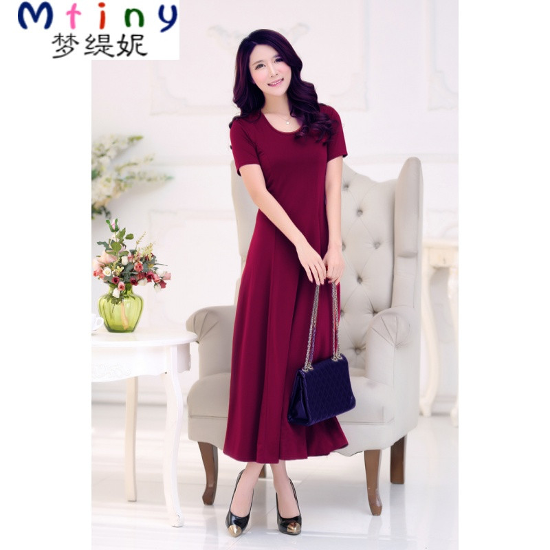 Mtiny【天天特价】夏季欧美风短袖大摆裙沙滩长裙圆领背心气质连衣裙女_9_3_5 M 酒红色短袖