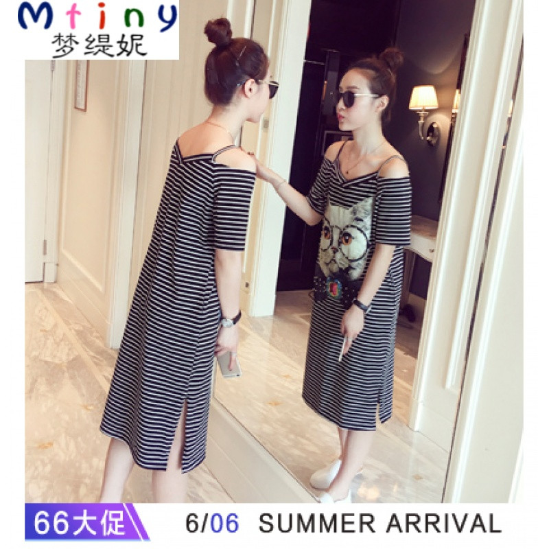 Mtiny夏季新款韩版宽松V领露肩吊带裙条纹长裙印花猫咪连衣裙女潮 M 条纹