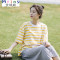 Mtiny谧斯（谧私）文艺小清新学院风中袖粗横条纹不对称宽松T恤夏季女