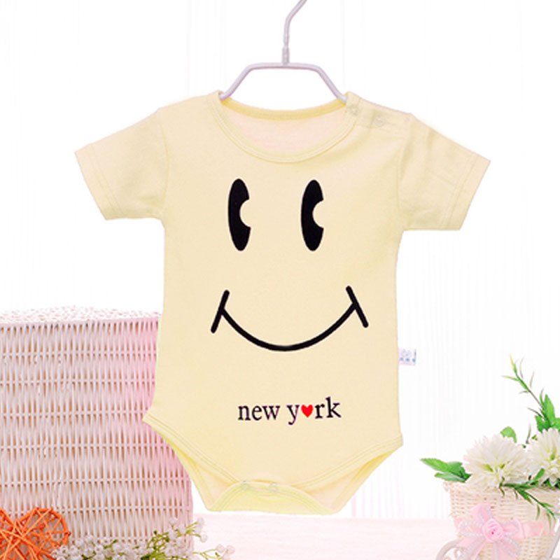 2017新品夏季婴儿连体衣服夏装男童女宝宝短袖包屁衣新生儿1三角哈衣0-2岁男女宝宝可爱卡通夏天 90cm(参考身高90cm) 笑脸款浅黄