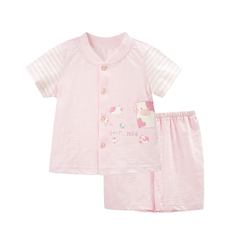 婴姿坊夏季男童女童0-3岁宝宝休闲内衣家居服前开襟两件套 粉红 66cm